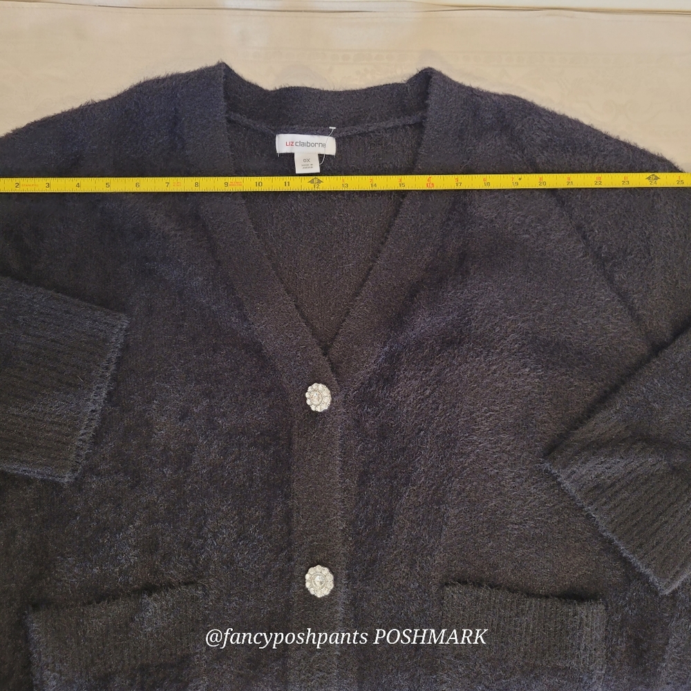 new! Black lux faux mohair boxy Vneck cardigan Liz Claiborne sweater rhinestone - Picture 14 of 17